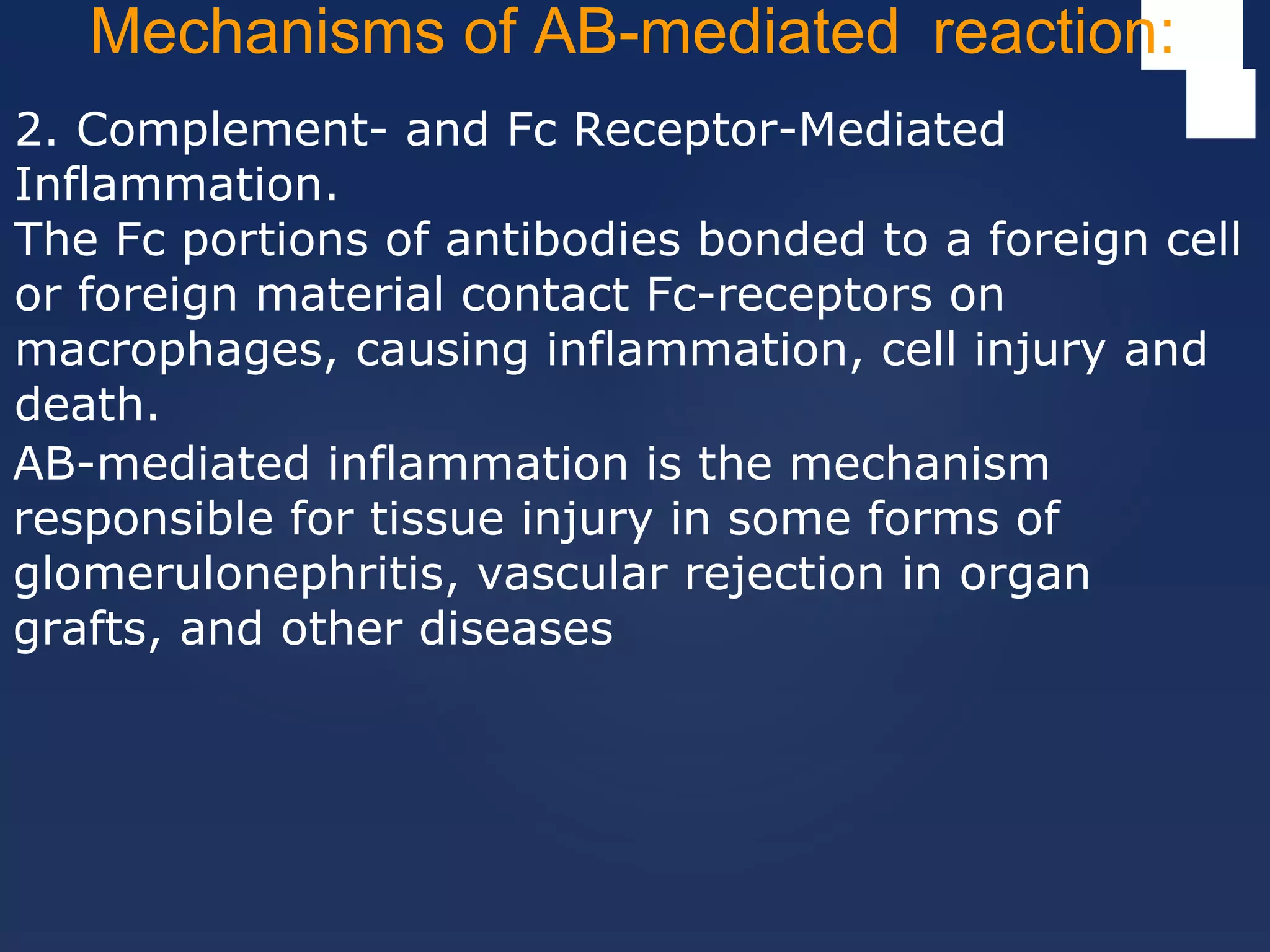 2. Complement- and Fc Receptor-Mediated
Inflammation.
The Fc portions of antibodies bonded to a foreign cell
or foreign material contact Fc-receptors on
macrophages, causing inflammation, cell injury and
death.
Mechanisms of AB-mediated reaction:
AB-mediated inflammation is the mechanism
responsible for tissue injury in some forms of
glomerulonephritis, vascular rejection in organ
grafts, and other diseases
 