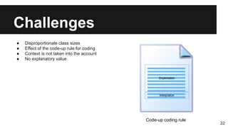 Challenges
● Disproportionate class sizes
● Effect of the code-up rule for coding
● Context is not taken into the account
● No explanatory value
Code-up coding rule
22
 