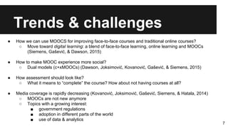 Trends & challenges
● How we can use MOOCS for improving face-to-face courses and traditional online courses?
○ Move toward digital learning: a blend of face-to-face learning, online learning and MOOCs
(Siemens, Gašević, & Dawson, 2015)
● How to make MOOC experience more social?
○ Dual models (c+xMOOCs) (Dawson, Joksimović, Kovanović, Gašević, & Siemens, 2015)
● How assessment should look like?
○ What it means to “complete” the course? How about not having courses at all?
● Media coverage is rapidly decreasing (Kovanović, Joksimović, Gašević, Siemens, & Hatala, 2014)
○ MOOCs are not new anymore
○ Topics with a growing interest:
■ government regulations
■ adoption in different parts of the world
■ use of data & analytics
7
 