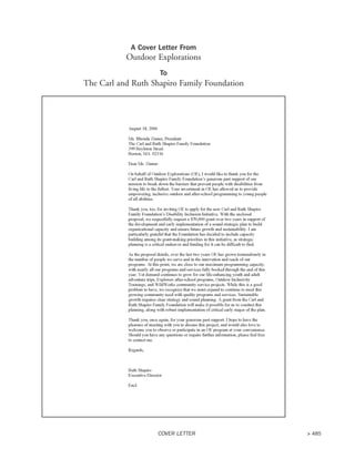 A Cover Letter From
Outdoor Explorations
To
The Carl and Ruth Shapiro Family Foundation
COVER LETTER > 485
 