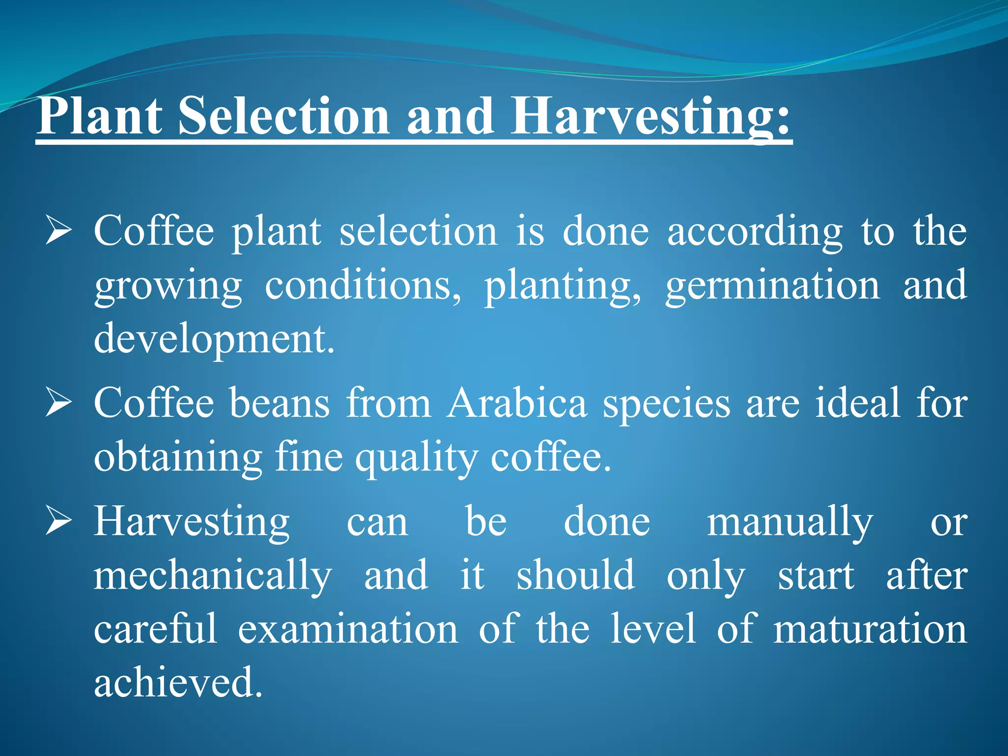  Coffee plant selection is done according to the
growing conditions, planting, germination and
development.
 Coffee beans from Arabica species are ideal for
obtaining fine quality coffee.
 Harvesting can be done manually or
mechanically and it should only start after
careful examination of the level of maturation
achieved.
Plant Selection and Harvesting:
 