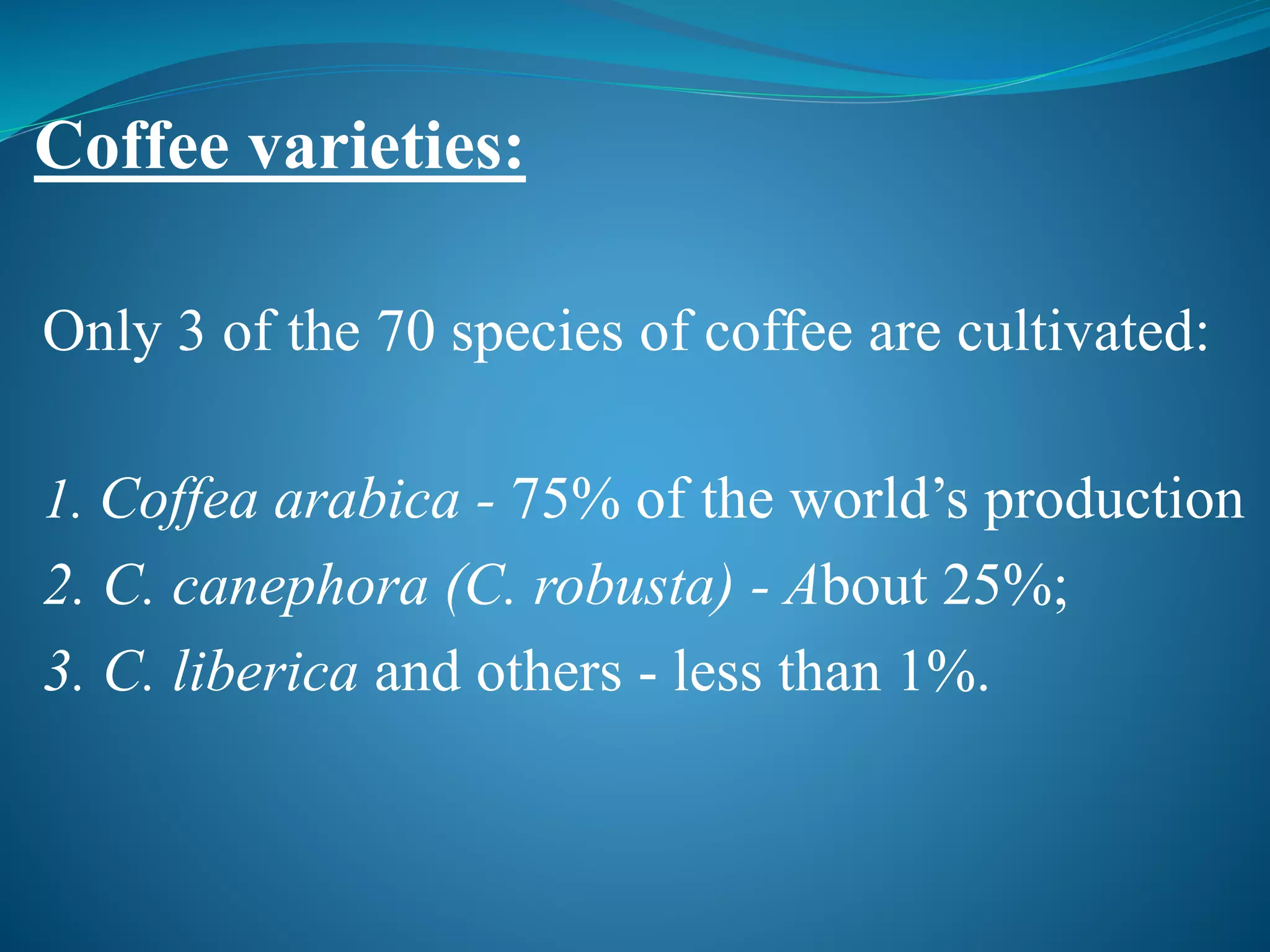 Only 3 of the 70 species of coffee are cultivated:
1. Coffea arabica - 75% of the world’s production
2. C. canephora (C. robusta) - About 25%;
3. C. liberica and others - less than 1%.
Coffee varieties:
 