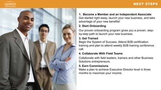 5959
1. Become a Member and an Independent Associate
Get started right away, launch your new business, and take
advantage of your new benefits!
2. Start Onboarding
Our proven onboarding program gives you a proven, step-
by-step path to launch your new business.
3. Get Trained
Begin the System of Success. Attend B2B certification
training and plan to attend weekly B2B training conference
call.
4. Collaborate With Field Teams
Collaborate with field leaders, trainers and other Business
Solutions entrepreneurs.
5. Earn Commissions
Make a plan to achieve Executive Director level in three
months to maximize your income.
NEXT STEPS
 