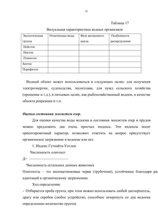 41
Таблица 17
Визуальная характеристика водных организмов
Экологическая
группа
Отмеченные виды Фаза жизненного
цикла
Особенности
распределения
Нейстон
Нектон
Планктон
Бентос
Перифитон
Водный объект может использоваться в следующих целях: для получения
электроэнергии, судоходства, лесосплава, для нужд сельского хозяйства
(орошение и т.д.), в питьевых целях, как рыбохозяйственный водоем, в качестве
объекта рекреации и т.п.
Оценка состояния экосистем озер.
Для оценки качества воды водоема и состояния экосистем озер и прудов
можно предложить два очень простых индекса. Эти индексы носят
ориентировочный характер, позволяют ответить на вопрос присутствует
органическое загрязнение в водоеме или нет.
1. Индекс Гутнайта-Уотлея:
Численность олигохет
Д= –––––––––––––––––––––
Численность остальных донных животных
Олигохеты – это малощетинковые черви (трубочник), устойчивые благодаря ряд
адаптаций к органическому загрязнению.
Ход определения:
- Отбирается проба грунта, при этом можно использовать любой дночерпатель,
драгу или скребок (любое устройство, способное зачерпнуть со дна водоема
определенное количество грунта).
 