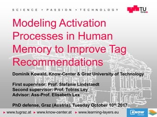 1
S C I E N C E  P A S S I O N  T E C H N O L O G Y
u www.tugraz.at u www.know-center.at u www.learning-layers.eu
Modeling Activation
Processes in Human
Memory to Improve Tag
Recommendations
Dominik Kowald, Know-Center & Graz University of Technology
First supervisor: Prof. Stefanie Lindstaedt
Second supervisor: Prof. Tobias Ley
Advisor: Ass-Prof. Elisabeth Lex
PhD defense, Graz (Austria), Tuesday October 10th 2017
 