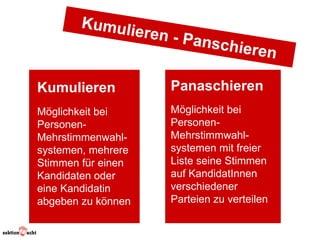 Kumuli
             eren - P
                        anschie
                                     ren

Kumulieren          Panaschieren
Möglichkeit bei     Möglichkeit bei
Personen-           Personen-
Mehrstimmenwahl-    Mehrstimmwahl-
systemen, mehrere   systemen mit freier
Stimmen für einen   Liste seine Stimmen
Kandidaten oder     auf KandidatInnen
eine Kandidatin     verschiedener
abgeben zu können   Parteien zu verteilen
 