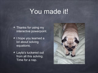 You made it!
Thanks for using my
interactive powerpoint.
I hope you learned a
lot about solving
equations.
Layla’s tuckered out
from all this solving.
Time for a nap.
 