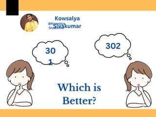 30
1
302
Which is
Better?
Kowsalya
Sivakumar
@Kowsalya
Sivakumar
 