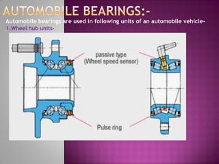 Automobile bearings are used in following units of an automobile vehicle-
1.Wheel hub units-
 