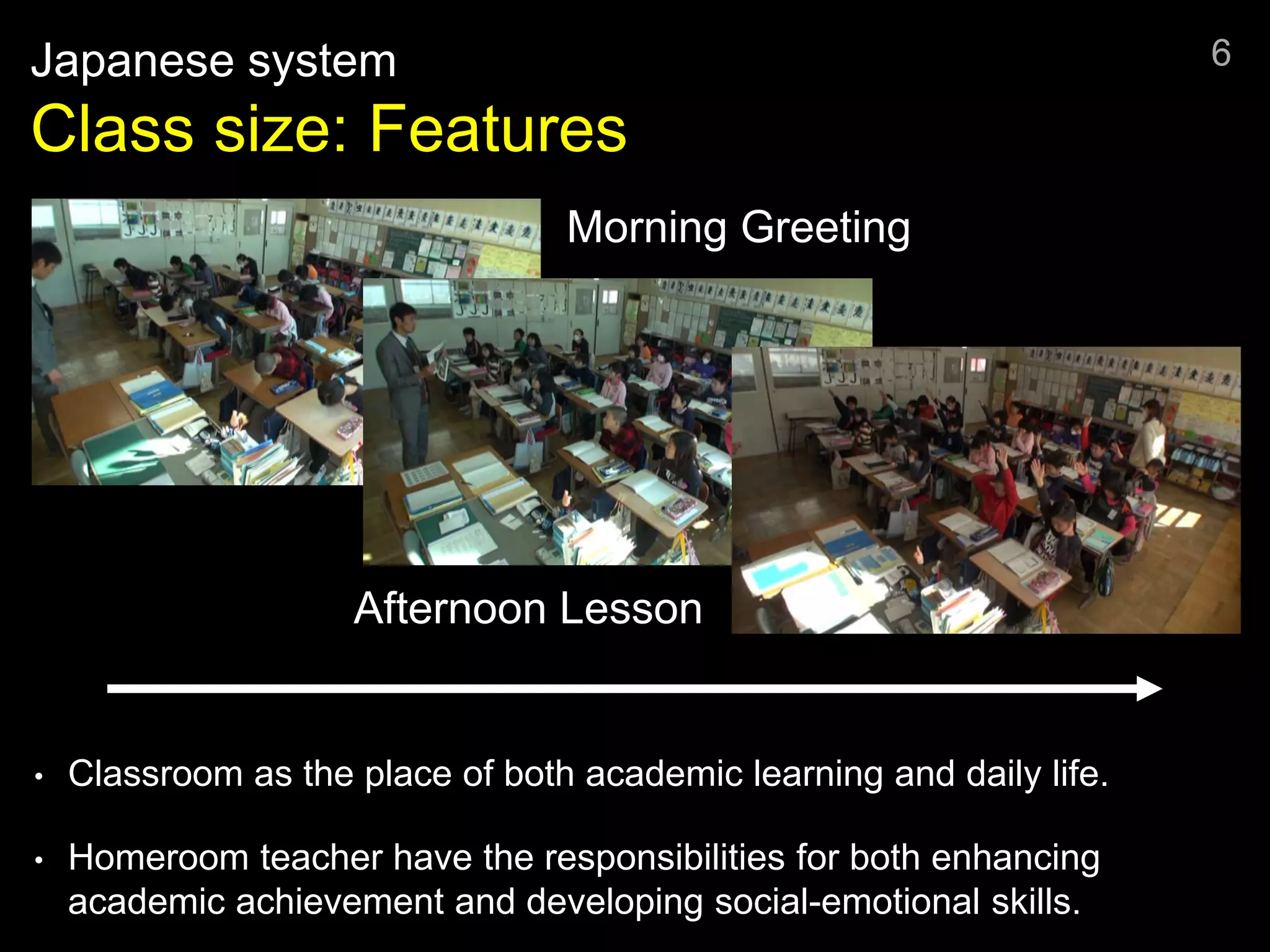 Japanese system
Class size: Features
6
Morning Greeting
Afternoon Lesson
• Classroom as the place of both academic learning and daily life.
• Homeroom teacher have the responsibilities for both enhancing
academic achievement and developing social-emotional skills.
 