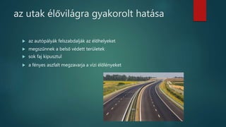 az utak élővilágra gyakorolt hatása
 az autópályák felszabdalják az élőhelyeket
 megszűnnek a belső védett területek
 sok faj kipusztul
 a fényes aszfalt megzavarja a vízi élőlényeket
 