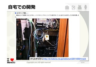 自宅での開発




         めもおきばさん
         めもおきばさんhttp://d.hatena.ne.jp/nekoruri/20110501/rack
              さん
    Copyright 2011 All right reserved                  15/24
 