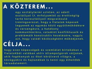 e g y o s z t á l y t e r m i s z i n t e n , a z a d o t t
o s z t á l l y a l ( 7 . é v f o l y a m t ó l a z é r e t t s é g i i g
t a r t ó k o r o s z t á l l y a l ) m e g v a l ó s u l ó
t r é n i n g s o r o z a t , h o g y   a f i a t a l o k k é p e s e k
l e g y e n e k a z e g y m á s k ö z t i e g y ü t t m ű k ö d é s r e
é s v e r s e n g é s r e , a h a t é k o n y
k o m m u n i k á c i ó r a , v a l a m i n t k o n f l i k t u s a i k é s
p r o b l é m á i k k o n s t r u k t í v k e z e l é s é r e , v a g y i s
a z t , h o g y v a l ó d i k ö z ö s s é g k é n t m ű k ö d j e n e k .
A K Ö Z T E R E M . . .
C É L J A . . .
h o g y e z e n k é p e s s é g e k é s s z e m l é l e t b i r t o k á b a n a
f i a t a l o k b ó l v a l ó b a n a k t í v á l l a m p o l g á r o k v á l j a n a k ,
a k i k f o g é k o n y a k a z ő k e t k ö r ü l v e v ő v i l á g r a , a
k ö z ü g y e k r e é s h a j l a n d ó a k i s t e n n i e g y é l h e t ő b b
t á r s a d a l o m é r t .
 