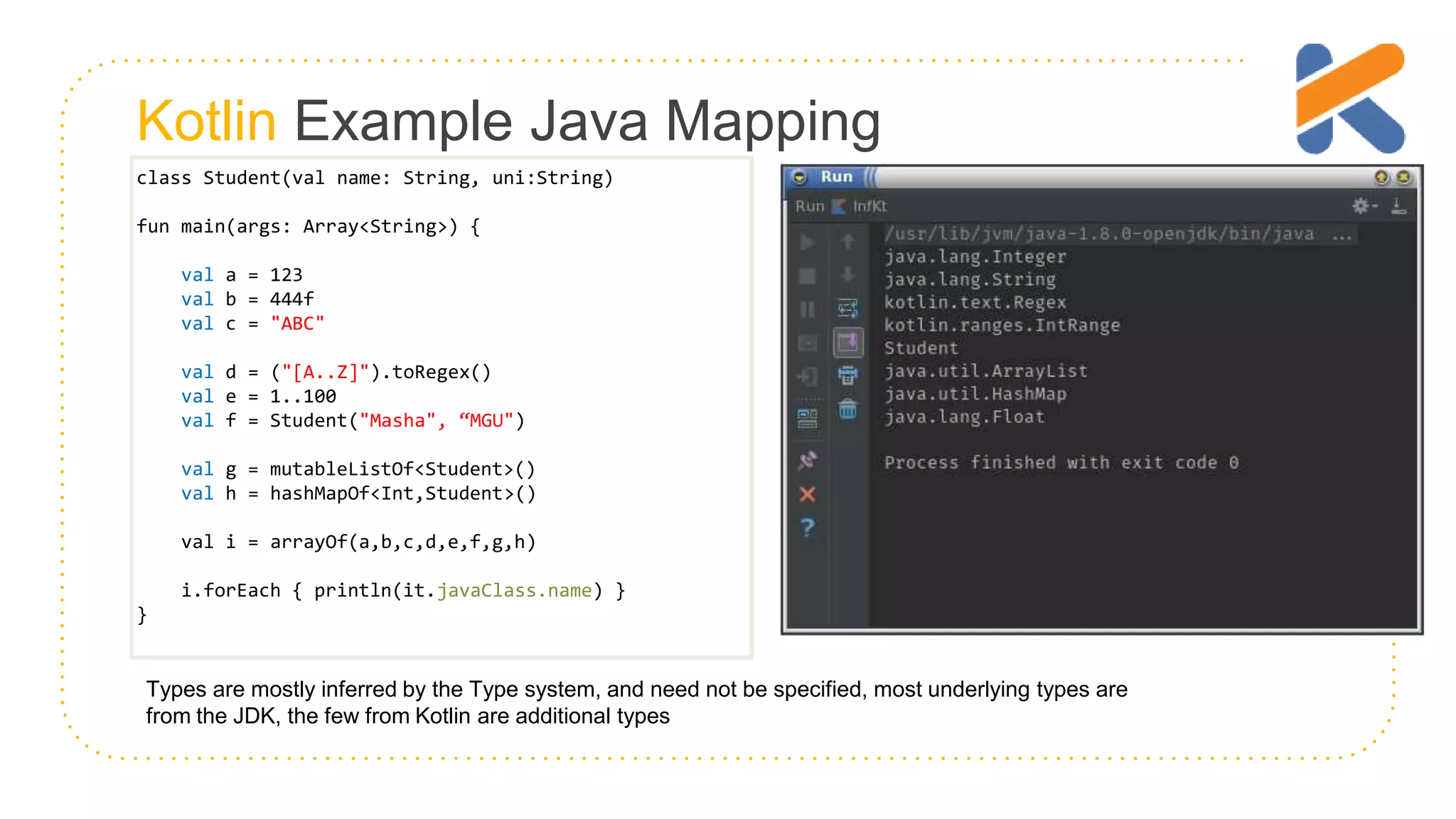 Kotlin Example Java Mapping class Student(val name: String, uni:String) fun main(args: Array<String>) { val a = 123 val b = 444f val c = "ABC" val d = ("[A..Z]").toRegex() val e = 1..100 val f = Student("Masha", “MGU") val g = mutableListOf<Student>() val h = hashMapOf<Int,Student>() val i = arrayOf(a,b,c,d,e,f,g,h) i.forEach { println(it.javaClass.name) } } Types are mostly inferred by the Type system, and need not be specified, most underlying types are from the JDK, the few from Kotlin are additional types 