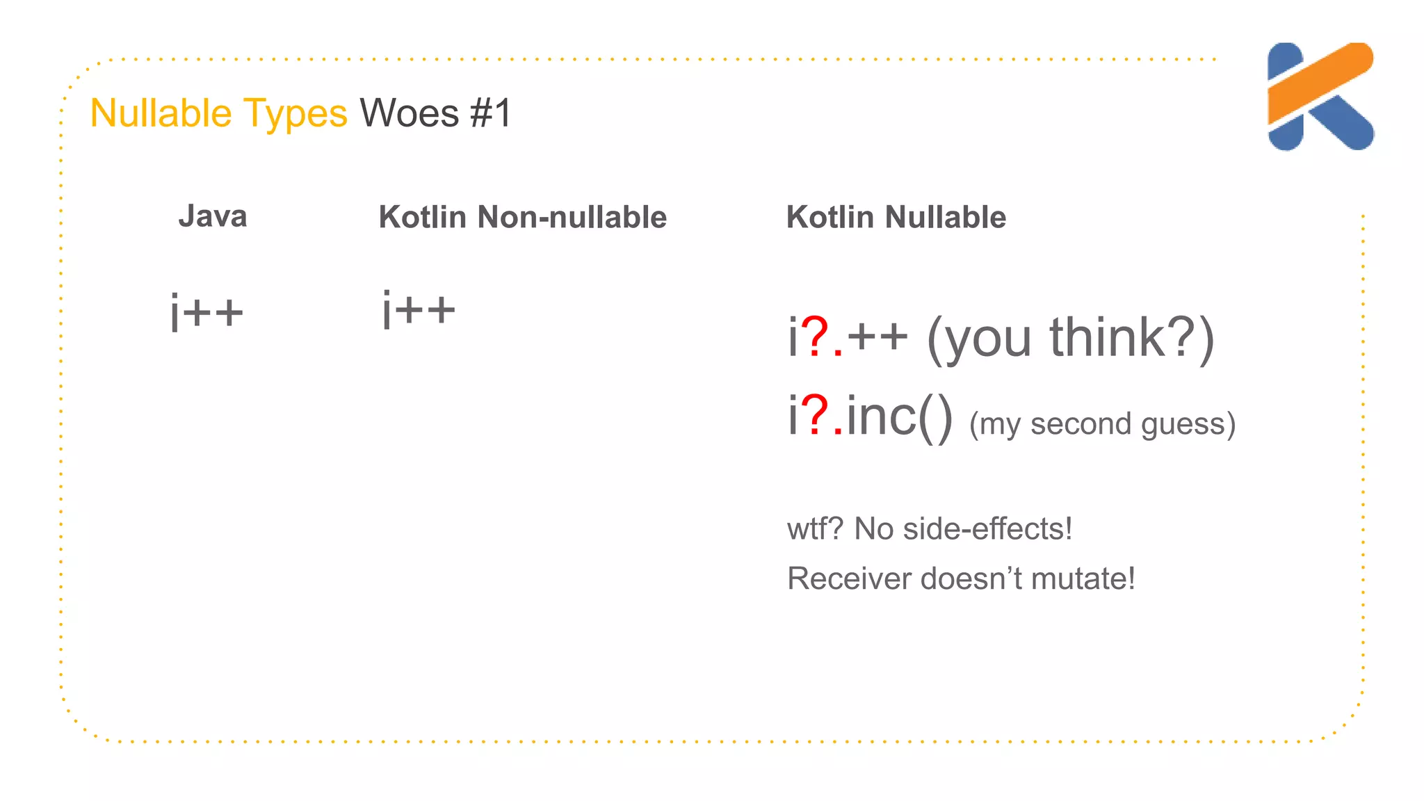 Nullable Types Woes #1 i++ Java i++ Kotlin Non-nullable i?.++ (you think?) i?.inc() (my second guess) wtf? No side-effects! Receiver doesn’t mutate! Kotlin Nullable 