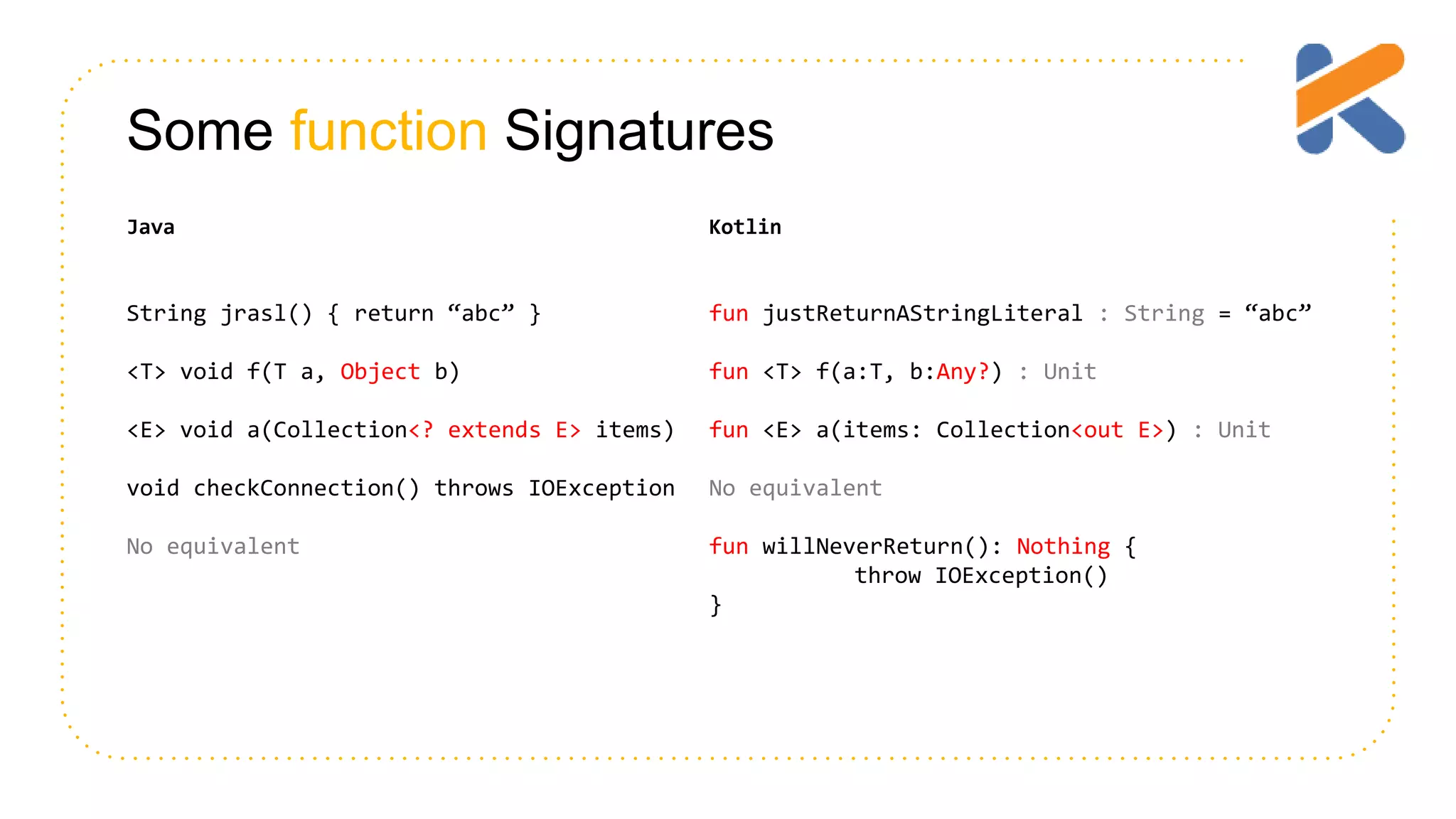 Some function Signatures Java Kotlin String jrasl() { return “abc” } fun justReturnAStringLiteral : String = “abc” <T> void f(T a, Object b) fun <T> f(a:T, b:Any?) : Unit <E> void a(Collection<? extends E> items) fun <E> a(items: Collection<out E>) : Unit void checkConnection() throws IOException No equivalent No equivalent fun willNeverReturn(): Nothing { throw IOException() } 