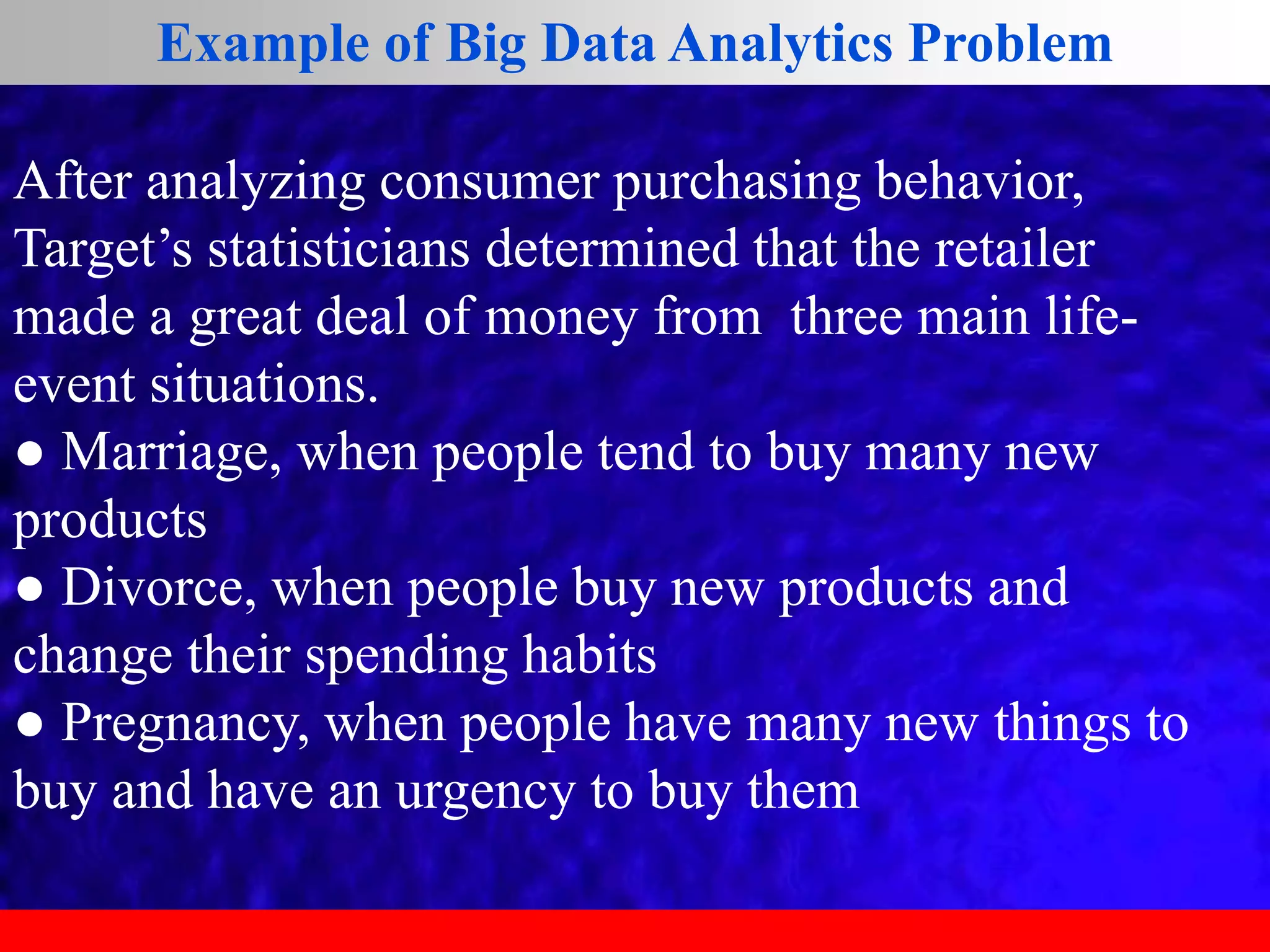 Example of Big Data Analytics Problem
After analyzing consumer purchasing behavior,
Target’s statisticians determined that the retailer
made a great deal of money from three main life-
event situations.
● Marriage, when people tend to buy many new
products
● Divorce, when people buy new products and
change their spending habits
● Pregnancy, when people have many new things to
buy and have an urgency to buy them
 
