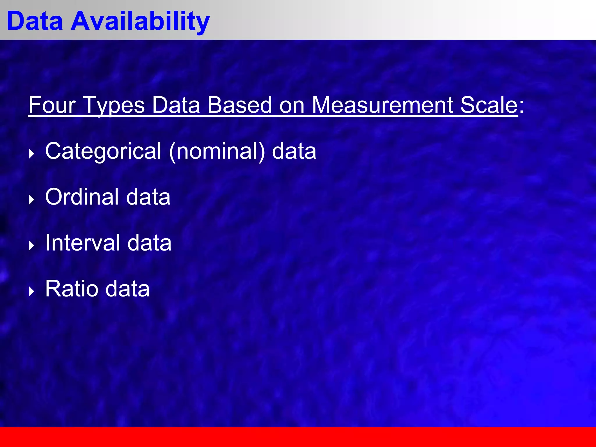 Four Types Data Based on Measurement Scale:
 Categorical (nominal) data
 Ordinal data
 Interval data
 Ratio data
Data Availability
 
