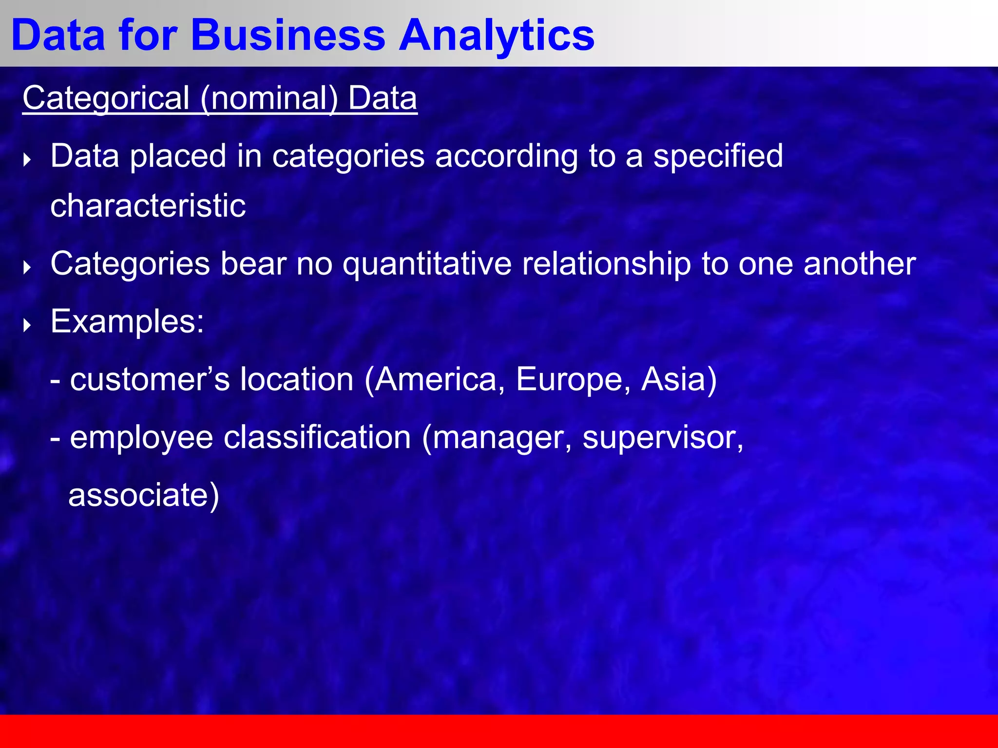 Categorical (nominal) Data
 Data placed in categories according to a specified
characteristic
 Categories bear no quantitative relationship to one another
 Examples:
- customer’s location (America, Europe, Asia)
- employee classification (manager, supervisor,
associate)
Data for Business Analytics
 