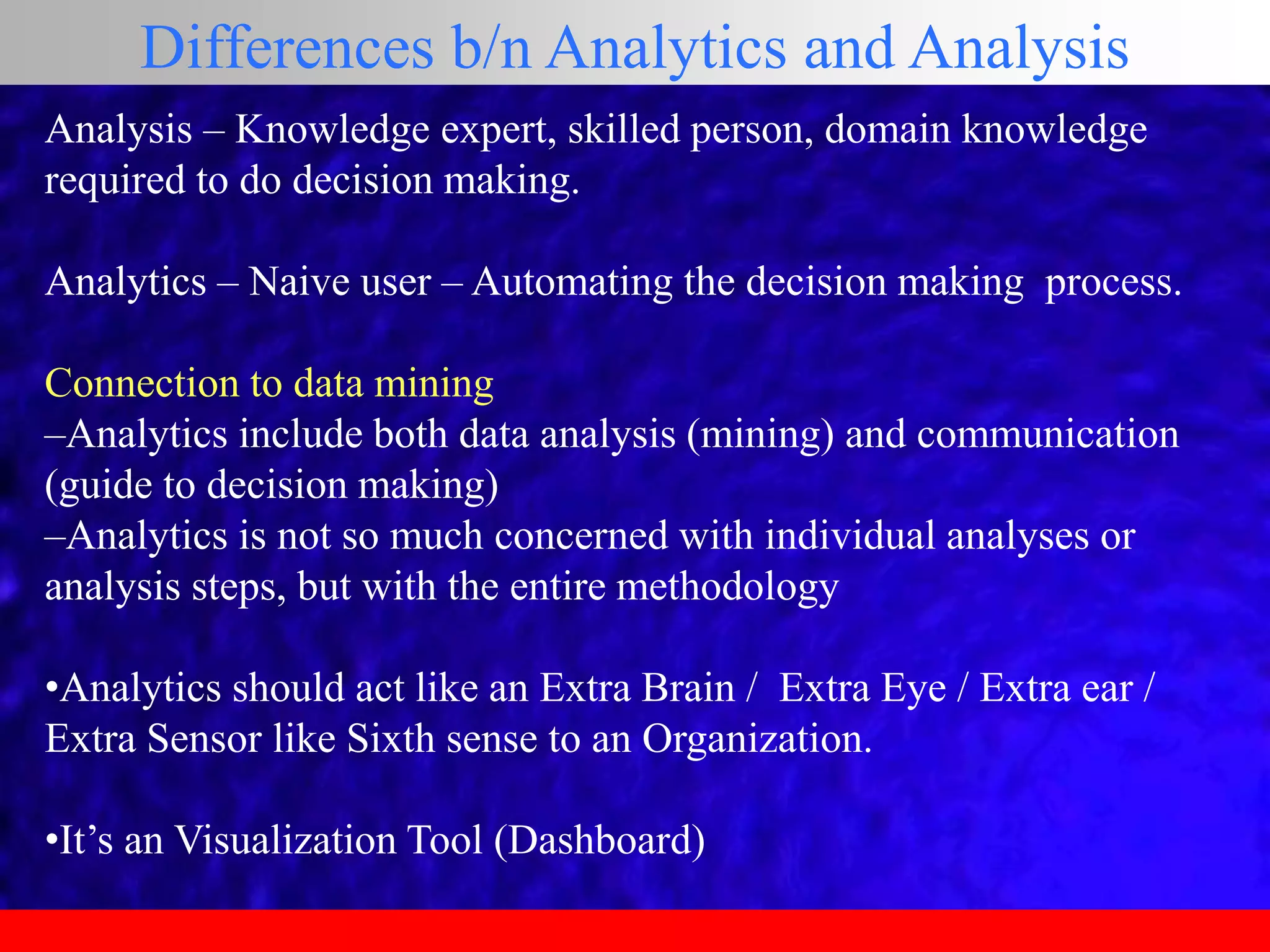 Analysis – Knowledge expert, skilled person, domain knowledge
required to do decision making.
Analytics – Naive user – Automating the decision making process.
Connection to data mining
–Analytics include both data analysis (mining) and communication
(guide to decision making)
–Analytics is not so much concerned with individual analyses or
analysis steps, but with the entire methodology
•Analytics should act like an Extra Brain / Extra Eye / Extra ear /
Extra Sensor like Sixth sense to an Organization.
•It’s an Visualization Tool (Dashboard)
Differences b/n Analytics and Analysis
 