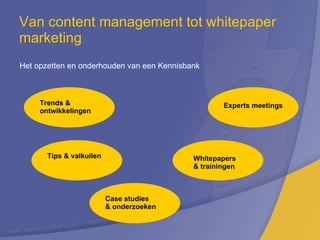 Van content management tot whitepaper marketing ,[object Object],Experts meetings Whitepapers & trainingen Trends & ontwikkelingen Tips & valkuilen Case studies & onderzoeken 
