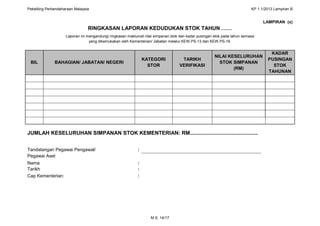 Pekeliling Perbendaharaan Malaysia KP 1.1/2013 Lampiran B 
M.S. 14/17 
LAMPIRAN (x) 
RINGKASAN LAPORAN KEDUDUKAN STOK TAHU...