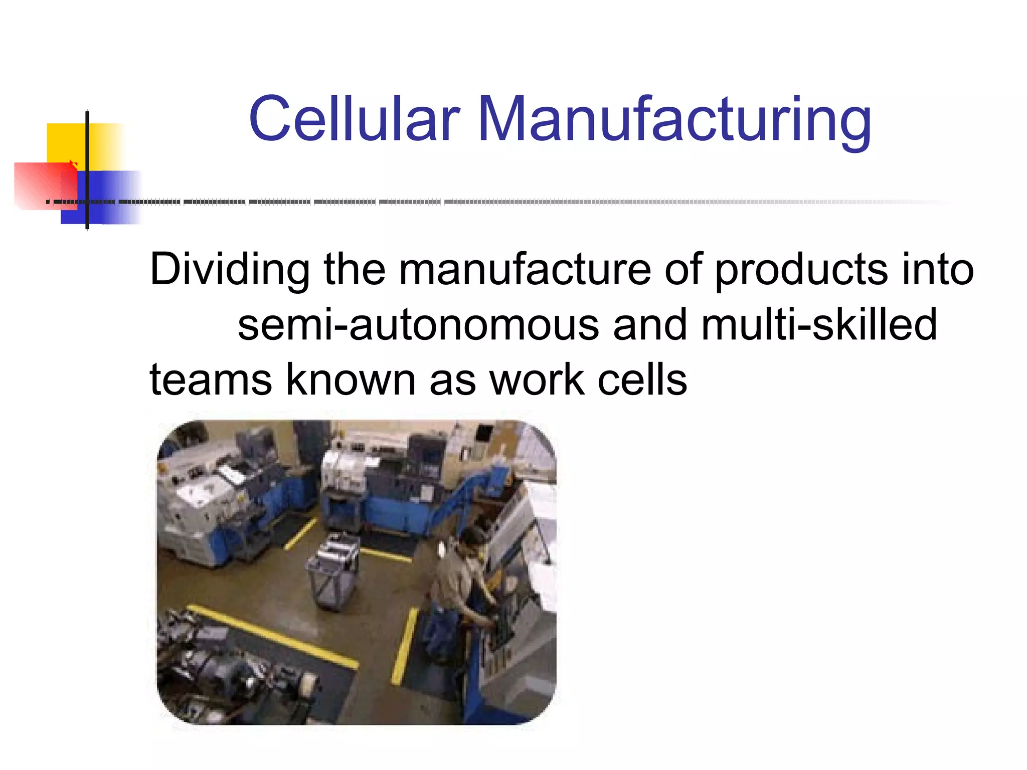 Cellular Manufacturing
Dividing the manufacture of products into
semi-autonomous and multi-skilled
teams known as work cells
 