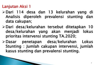 7
Lanjutan Aksi 1
Dari 114 desa dan 13 kelurahan yang di
Analisis diperoleh prevalensi stunting dan
data cakupan;
Dari desa/kelurahan tersebut ditetapkan 10
desa/kelurahan yang akan menjadi lokus
prioritas intervensi stunting TA.2020;
Dasar penetapan desa/kelurahan Lokus
Stunting : Jumlah cakupan intervensi, jumlah
kasus stunting dan prevalensi stunting.
 