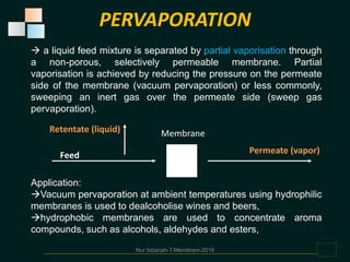  a liquid feed mixture is separated by partial vaporisation through
a non-porous, selectively permeable membrane. Partial
vaporisation is achieved by reducing the pressure on the permeate
side of the membrane (vacuum pervaporation) or less commonly,
sweeping an inert gas over the permeate side (sweep gas
pervaporation).
Application:
Vacuum pervaporation at ambient temperatures using hydrophilic
membranes is used to dealcoholise wines and beers,
hydrophobic membranes are used to concentrate aroma
compounds, such as alcohols, aldehydes and esters,
Nur Istianah-T.Membrani-2016
PERVAPORATION
Retentate (liquid)
Permeate (vapor)
Membrane
Feed
 