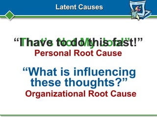 “That’s Not My Job!”
Latent Causes
“I have to do this fast!”
“What is influencing
these thoughts?”
Personal Root Cause
Organizational Root Cause
 