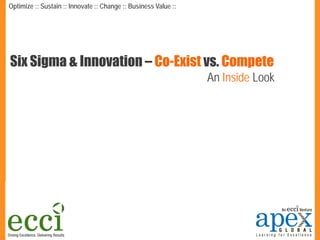 Six Sigma & Innovation – Co-Exist vs. Compete An Inside Look 
Optimize :: Sustain :: Innovate :: Change :: Business Value ::  