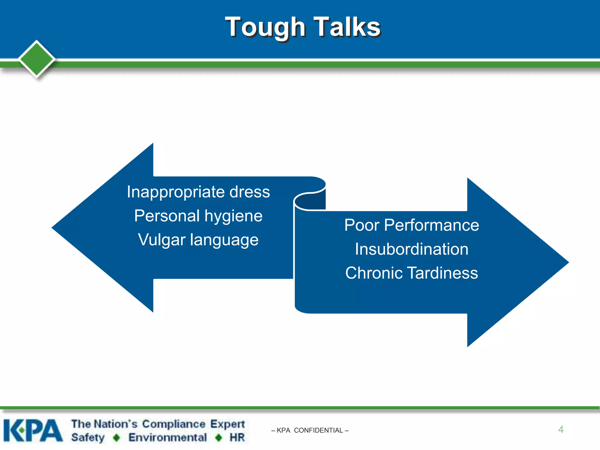 Tough Talks
Inappropriate dress
Personal hygiene
Vulgar language
Poor Performance
Insubordination
Chronic Tardiness
4– KPA CONFIDENTIAL –
 