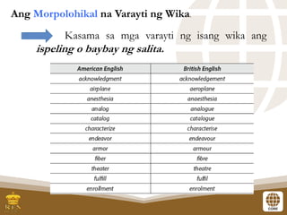 Kasama sa mga varayti ng isang wika ang
ispeling o baybay ng salita.
Ang Morpolohikal na Varayti ng Wika.
 