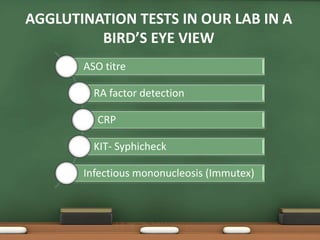 AGGLUTINATION TESTS IN OUR LAB IN A
BIRD’S EYE VIEW
ASO titre
RA factor detection
CRP
KIT- Syphicheck
Infectious mononucleosis (Immutex)
 