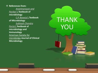 THANK
YOU
 References from:
Anantnarayan and
Paniker’s Textbook of
microbiology
C.P. Baweja’s Textbook
of Microbiology
Subhash Chandra
Parija’s Textbook of
microbiology and
Immunology
American Society for
microbiolgy-Journal of Clinical
Microbiology
 
