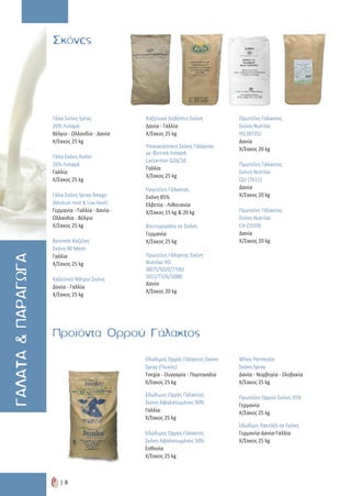 ΓΑΛΑΤΑ&ΠΑΡΑΓΩΓΑ
| 8
Προϊόντα Ορρού Γάλακτος
Γάλα Σκόνη Spray
26% Λιπαρά
Βέλγιο - Ολλανδία - Δανία
Χ/Σακος 25 kg
Γάλα Σκόνη Roller
26% Λιπαρά
Γαλλία
Χ/Σακος 25 kg
Γάλα Σκόνη Spray Άπαχo
(Medium Heat & Low Heat)
Γερμανία - Γαλλία - Δανία -
Ολλανδία - Βέλγιο
Χ/Σακος 25 kg
Rennete Καζεΐνη
Σκόνη 90 Mesh
Γαλλία
Χ/Σακος 25 kg
Καζεϊνικό Νάτριo Σκόνη
Δανία - Γαλλία
Χ/Σακος 25 kg
Καζεϊνικό Ασβέστιo Σκόνη
Δανία - Γαλλία
Χ/Σακος 25 kg
Υποκατάστατο Σκόνη Γάλακτος
με Φυτικά Λιπαρά
Lactarmor G26/10
Γαλλία
Χ/Σακος 25 kg
Πρωτεϊνη Γάλακτος
Σκόνη 85%
Ελβετία - Λιθουανία
Χ/Σακος 15 kg & 20 kg
Βoυτυρoγάλα σε Σκόνη
Γερμανία
Χ/Σακος 25 kg
Πρωτεΐνη Γάλακτος Σκόνη
Nutrilac YO
(8075/5020/7700/
5011/7326/5088)
Δανία
Χ/Σακος 20 kg
Πρωτεΐνη Γάλακτος
Σκόνη Nutrilac
YQ (8725)
Δανία
Χ/Σακος 20 kg
Πρωτεΐνη Γάλακτος
Σκόνη Nutrilac
QU (7611)
Δανία
Χ/Σακος 20 kg
Πρωτεΐνη Γάλακτος
Σκόνη Nutrilac
CH (5559)
Δανία
Χ/Σακος 20 kg
Εδώδιμος Oρρός Γάλακτoς Σκόνη
Spray (Γλυκός)
Τσεχία - Ουγγαρία - Πορτογαλία
Χ/Σακος 25 kg
Εδώδιμος Oρρός Γάλακτoς
Σκόνη Αφαλατωμένoς 90%
Γαλλία
Χ/Σακος 25 kg
Εδώδιμος Ορρός Γάλακτος
Σκόνη Αφαλατωμένος 50%
Εσθονία
Χ/Σακος 25 kg
Whey Permeate
Σκόνη Spray
Δανία - Νορβηγία - Σλοβακία
Χ/Σακος 25 kg
Πρωτεΐνη Oρρoύ Σκόνη 35%
Γερμανία
Χ/Σακος 25 kg
Εδώδιμη Λακτόζη σε Σκόνη
Γερμανία-Δανία-Γαλλία
Χ/Σακος 25 kg
Σκόνες
 