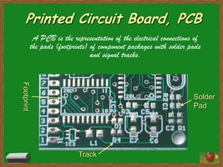 Printed Circuit Board, PCB
             A PCB is the representation of the electrical connections of
            the pads (footprints) of component packages with solder pads
                                  and signal tracks.
Footprint




                                                                      Solder
                                                                      Pad




                             Track
 