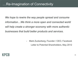 We hope to rewire the way people spread and consume
information…We think a more open and connected world
will help create a stronger economy with more authentic
businesses that build better products and services.
- Mark Zuckerberg, Founder / CEO, Facebook
Letter to Potential Shareholders, May 2012
…Re-Imagination of Connectivity
35
 
