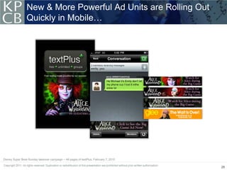 New & More Powerful Ad Units are Rolling Out
                 Quickly in Mobile…




Disney Super Bowl Sunday takeover campaign -- All pages of textPlus, February 7, 2010

                                                                                        28
 