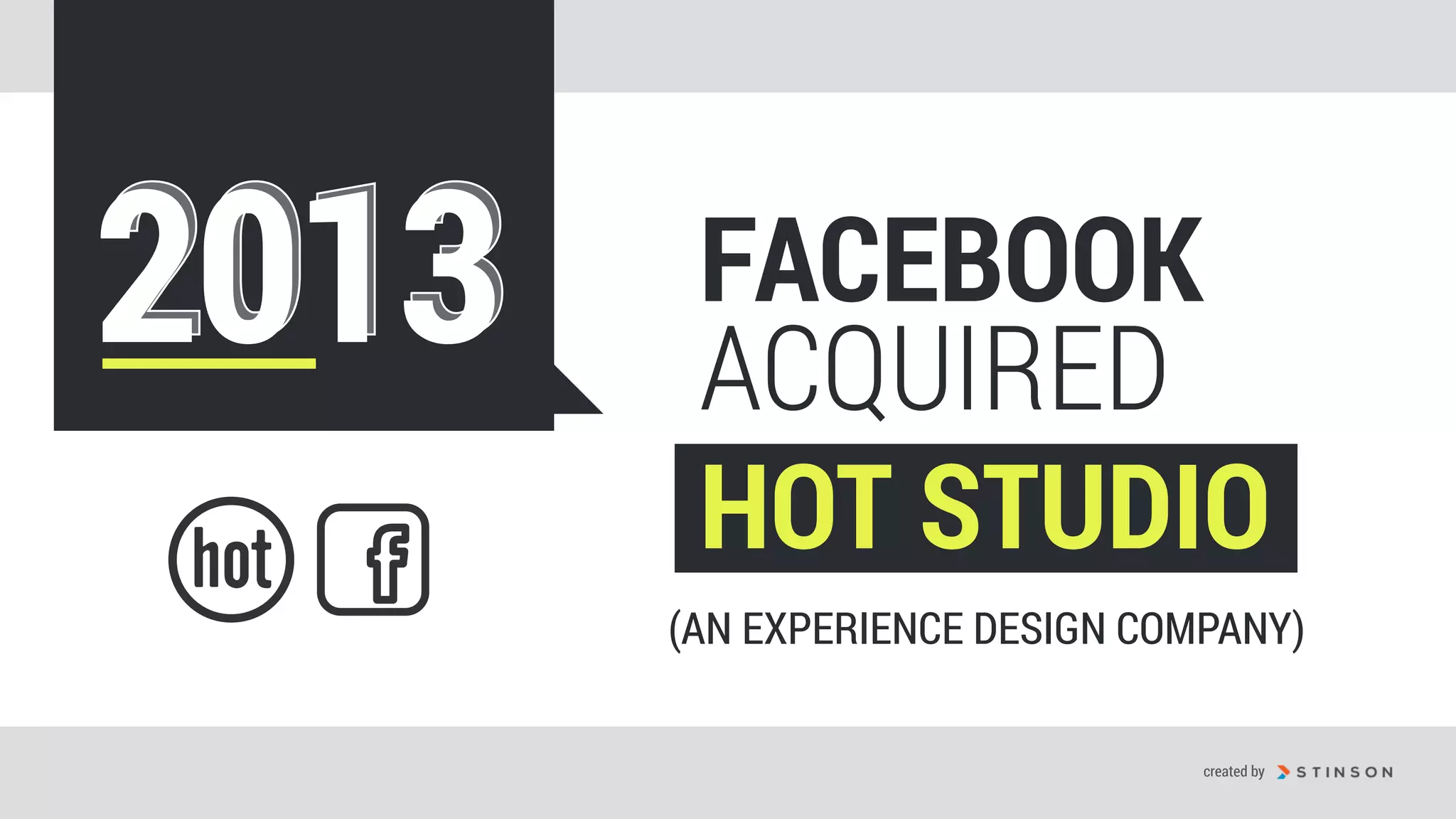 201320132013 FACEBOOK
ACQUIRED
HOT STUDIO
created by
(AN EXPERIENCE DESIGN COMPANY)
 