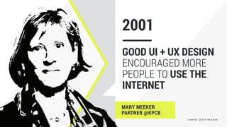 GOOD UI + UX DESIGN
ENCOURAGED MORE
PEOPLE TO USE THE
INTERNET
2001
MARY MEEKER
PARTNER @KPCB
created by
 