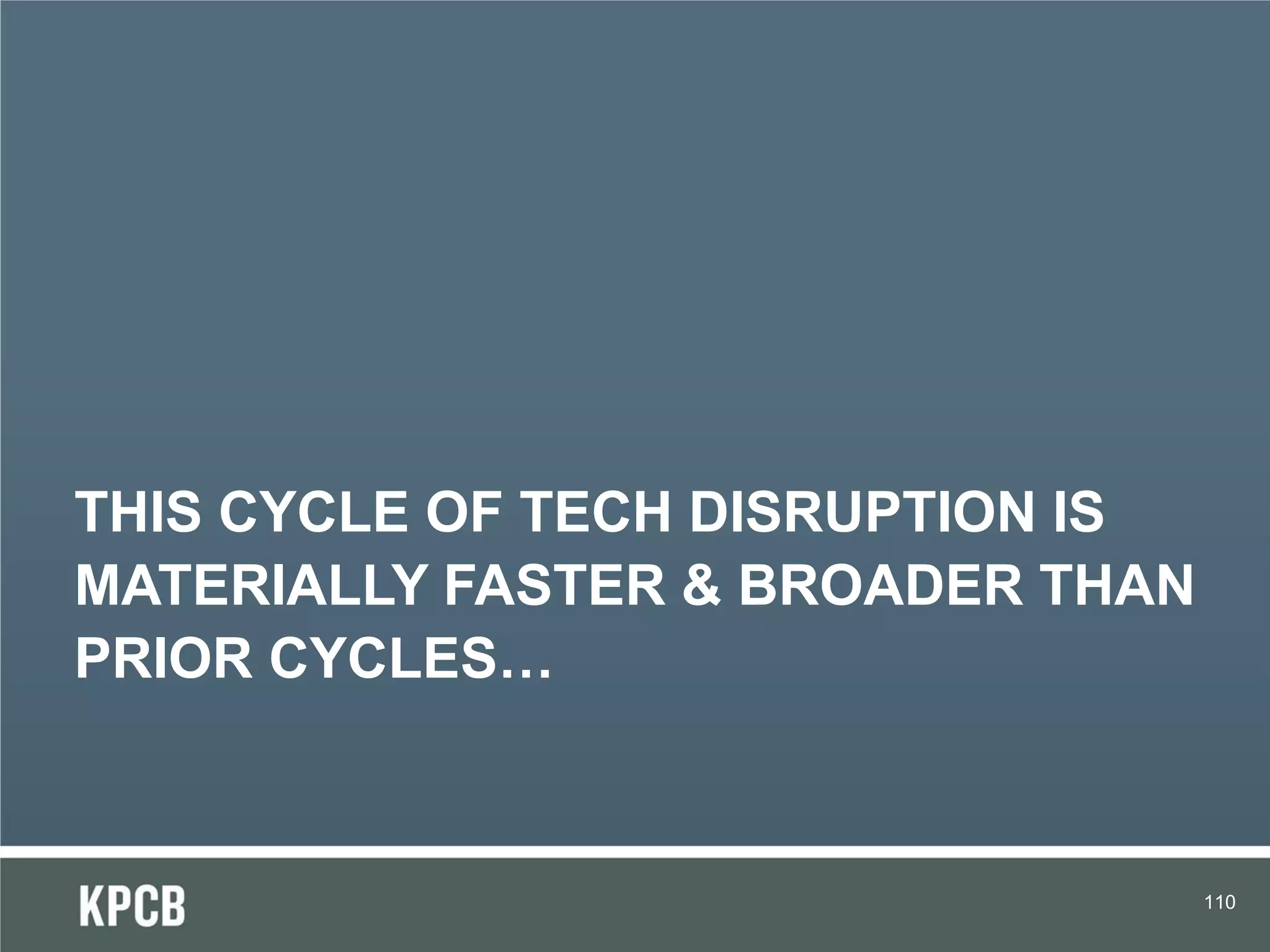 THIS CYCLE OF TECH DISRUPTION IS
MATERIALLY FASTER & BROADER THAN
PRIOR CYCLES…



                                   110
 