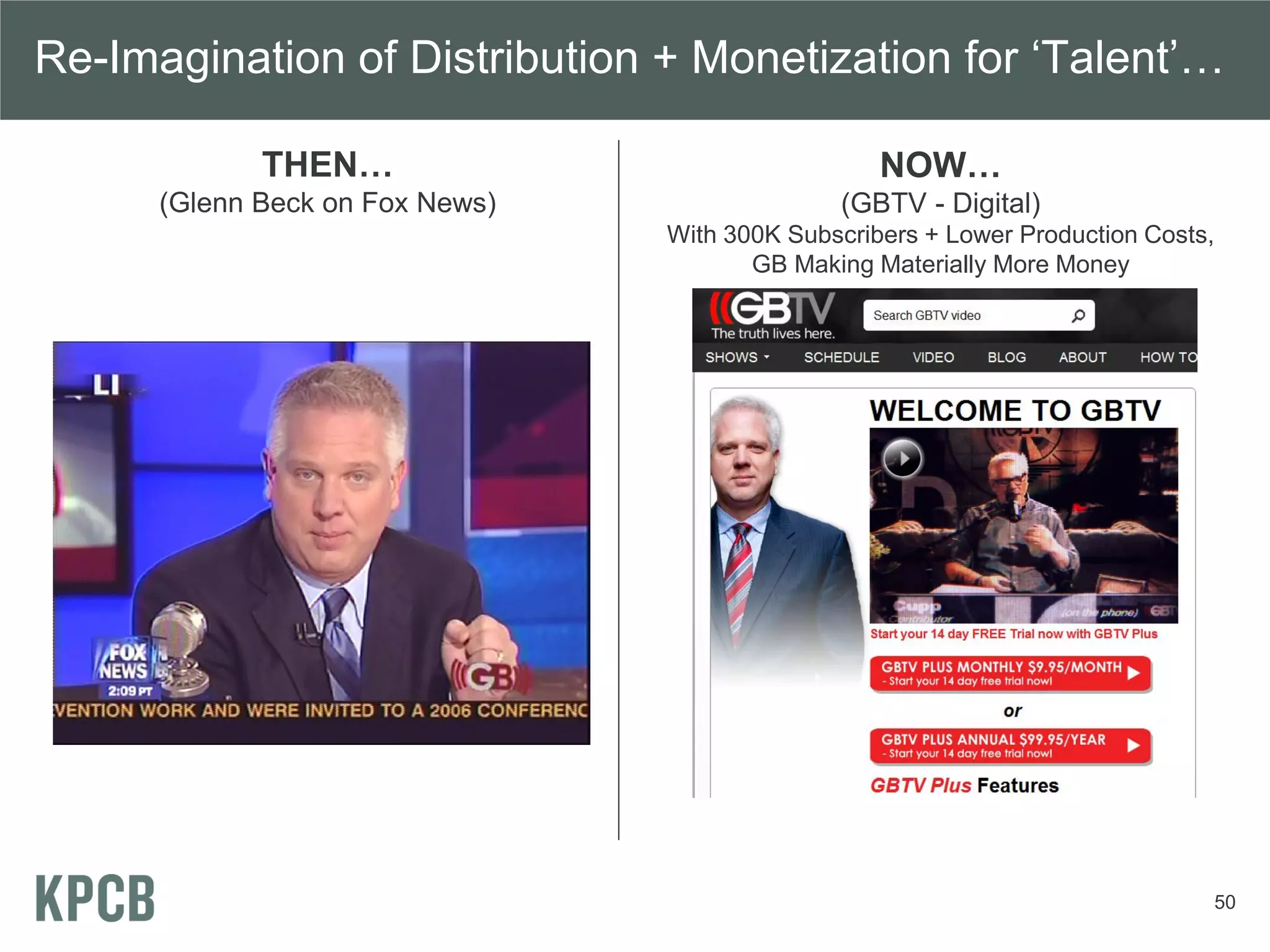 Re-Imagination of Distribution + Monetization for ‘Talent’…

             THEN…                                 NOW…
      (Glenn Beck on Fox News)                 (GBTV - Digital)
                                 With 300K Subscribers + Lower Production Costs,
                                        GB Making Materially More Money




                                                                               50
 