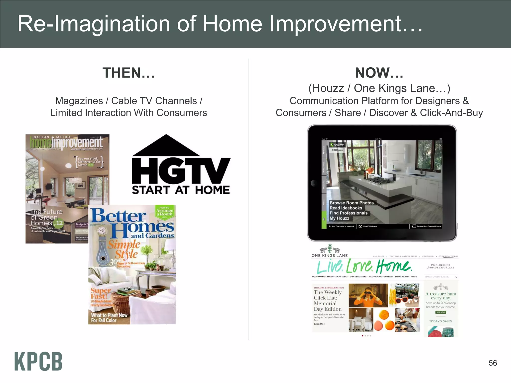 Re-Imagination of Home Improvement…

             THEN…                                     NOW…
                                             (Houzz / One Kings Lane…)
   Magazines / Cable TV Channels /       Communication Platform for Designers &
  Limited Interaction With Consumers   Consumers / Share / Discover & Click-And-Buy




                                                                                      56
 