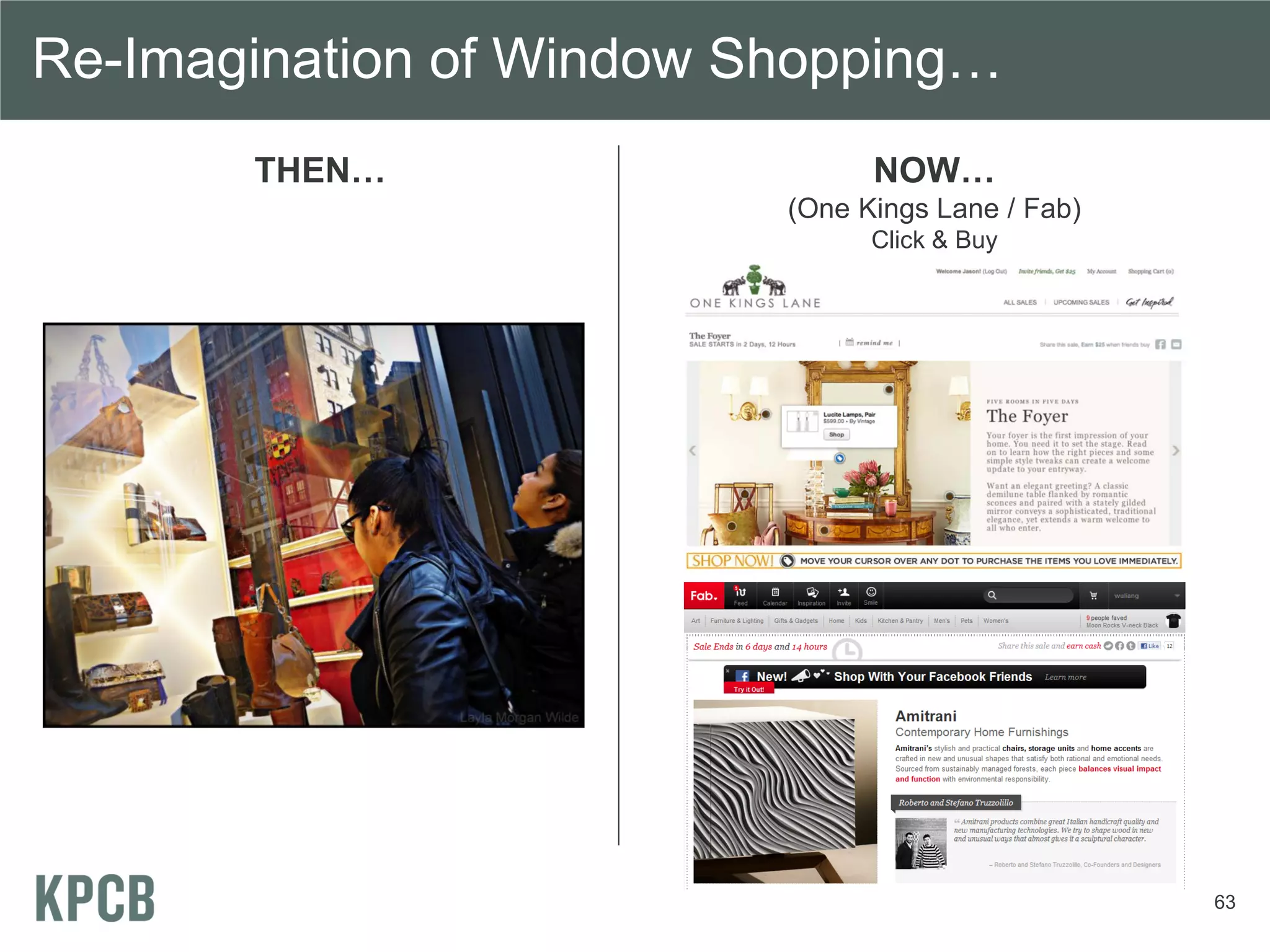 Re-Imagination of Window Shopping…
       THEN…                    NOW…
                          (One Kings Lane / Fab)
                                Click & Buy




                                                   63
 