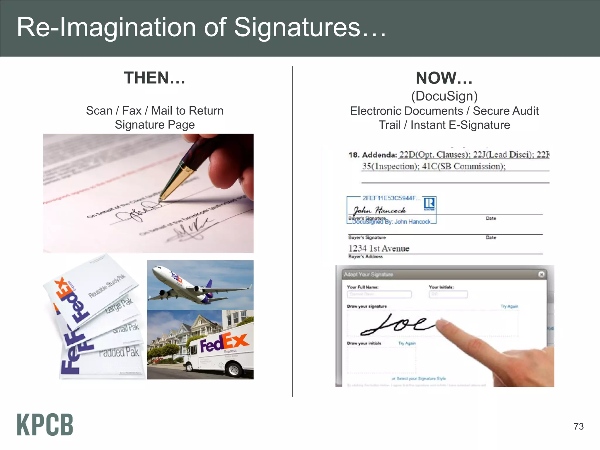Re-Imagination of Signatures…
            THEN…                              NOW…
                                              (DocuSign)
     Scan / Fax / Mail to Return   Electronic Documents / Secure Audit
          Signature Page                 Trail / Instant E-Signature




                                                                         73
 
