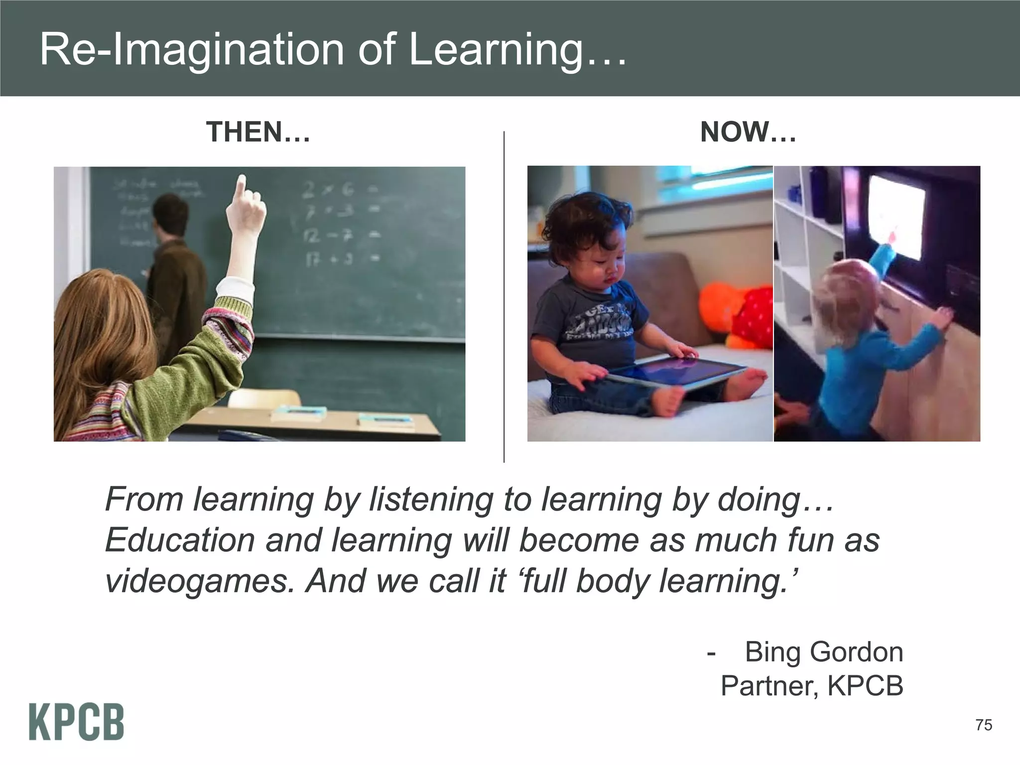 Re-Imagination of Learning…
        THEN…                          NOW…




  From learning by listening to learning by doing…
  Education and learning will become as much fun as
  videogames. And we call it ‘full body learning.’

                                        -    Bing Gordon
                                            Partner, KPCB
                                                            75
 