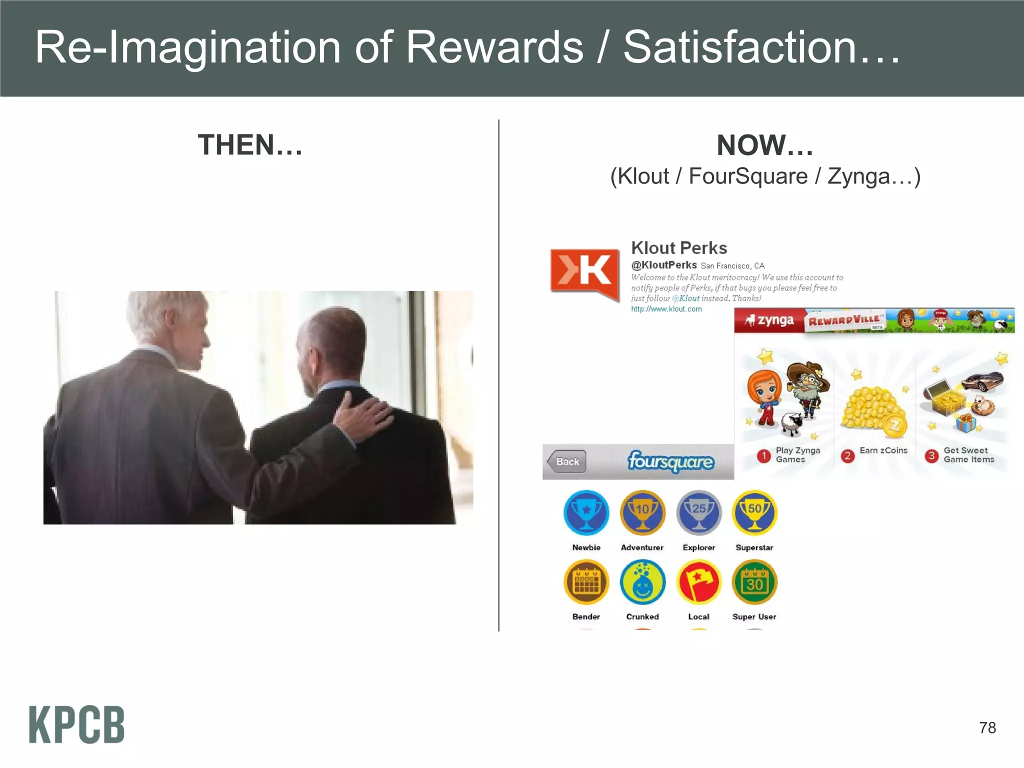 Re-Imagination of Rewards / Satisfaction…

       THEN…                        NOW…
                           (Klout / FourSquare / Zynga…)




                                                           78
 