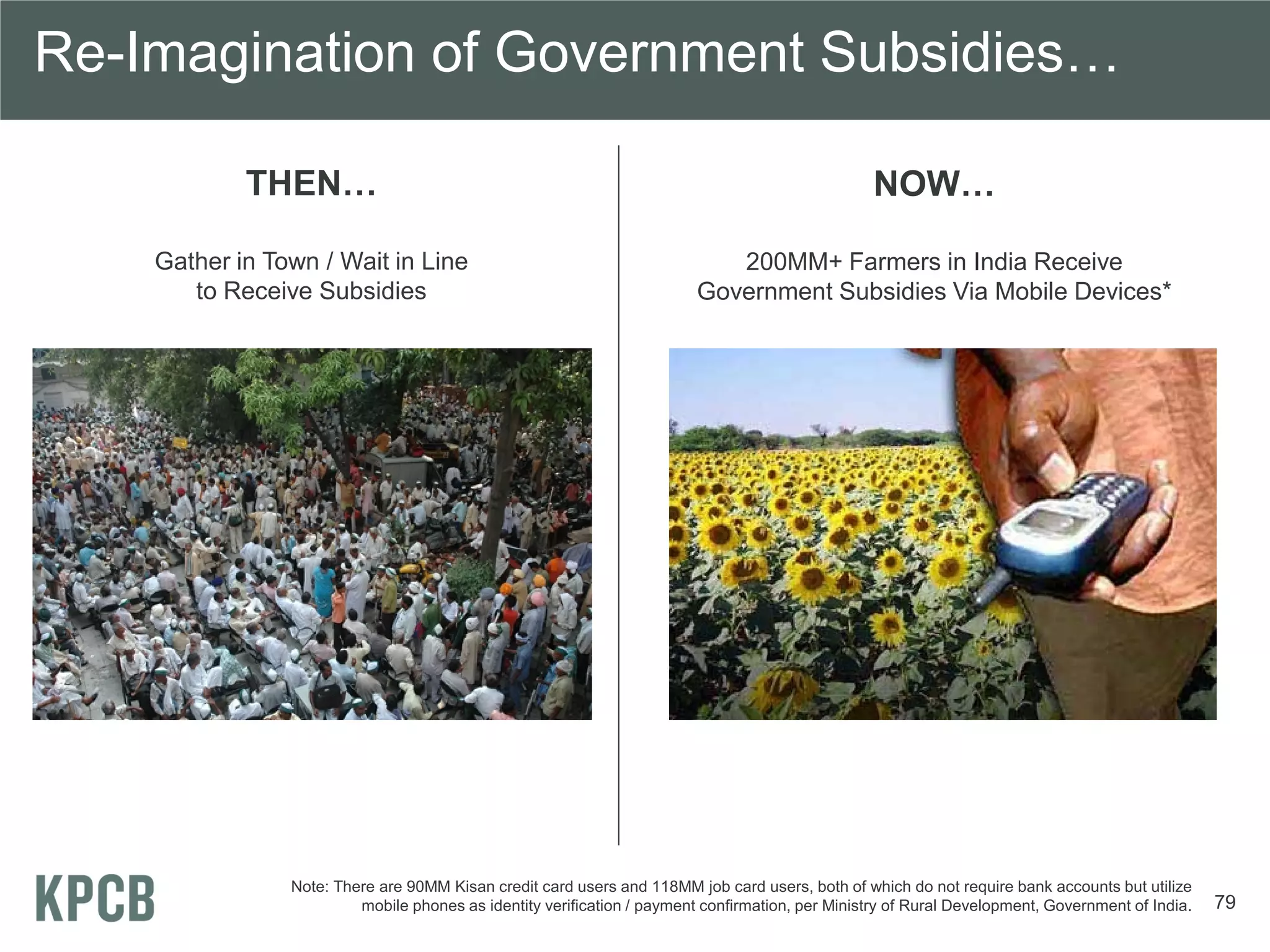 Re-Imagination of Government Subsidies…

            THEN…                                                                                 NOW…

    Gather in Town / Wait in Line                                           200MM+ Farmers in India Receive
       to Receive Subsidies                                              Government Subsidies Via Mobile Devices*




                Note: There are 90MM Kisan credit card users and 118MM job card users, both of which do not require bank accounts but utilize
                         mobile phones as identity verification / payment confirmation, per Ministry of Rural Development, Government of India.   79
 