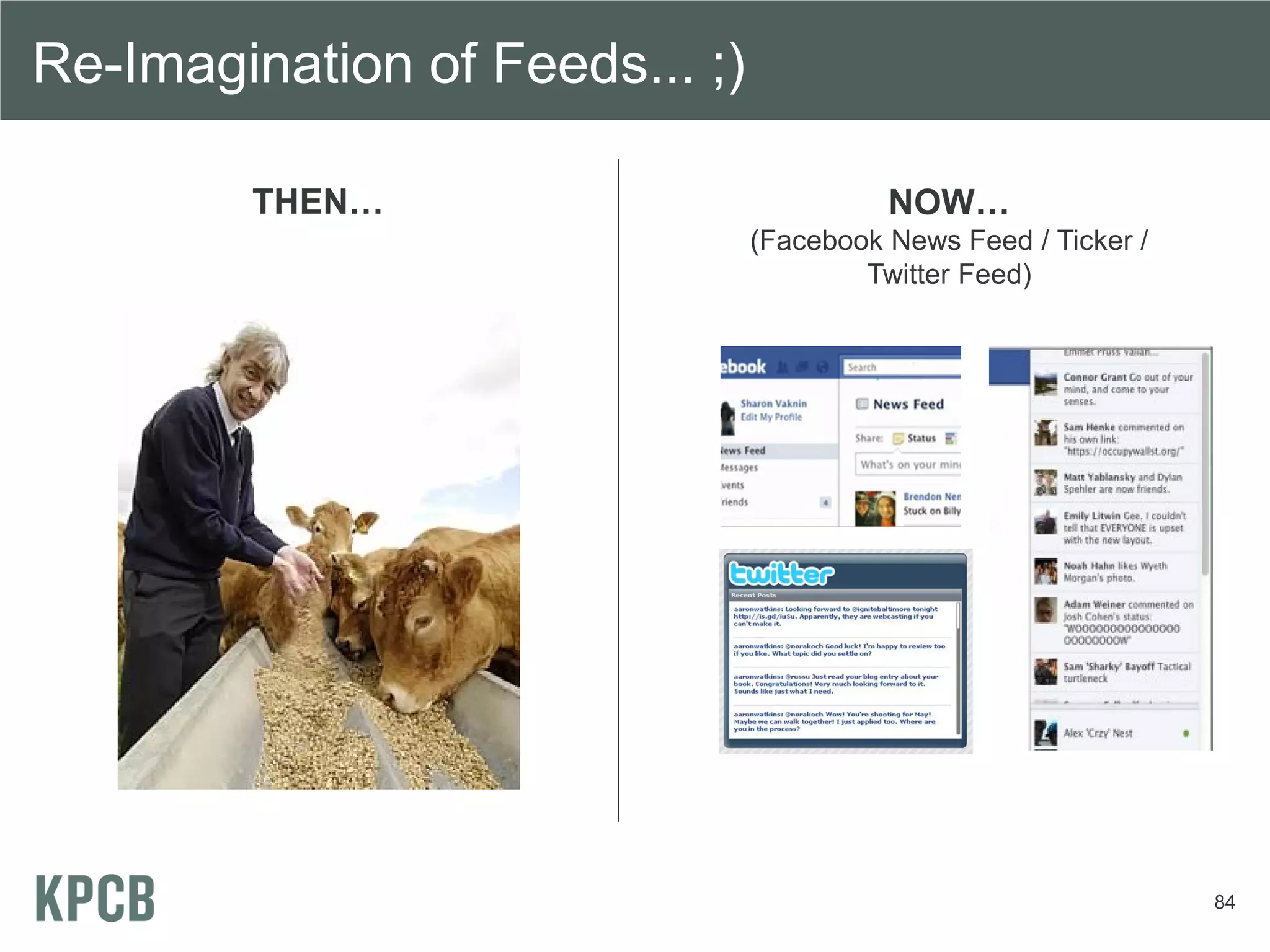 Re-Imagination of Feeds... ;)

        THEN…                             NOW…
                                (Facebook News Feed / Ticker /
                                        Twitter Feed)




                                                                 84
 